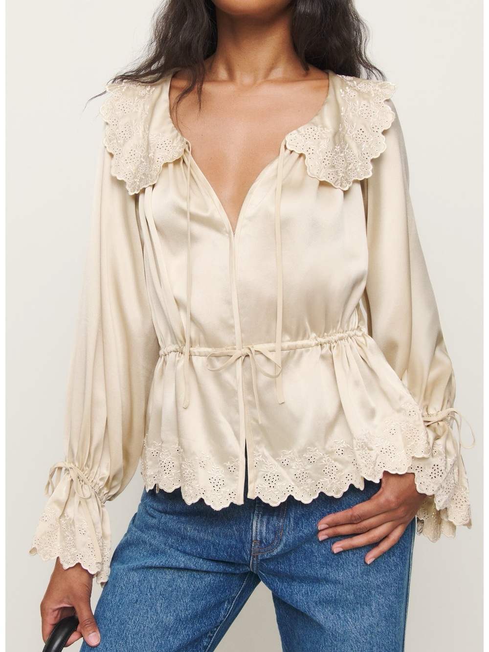Reformation Cream Eyelet-Trim Peplum Blouse